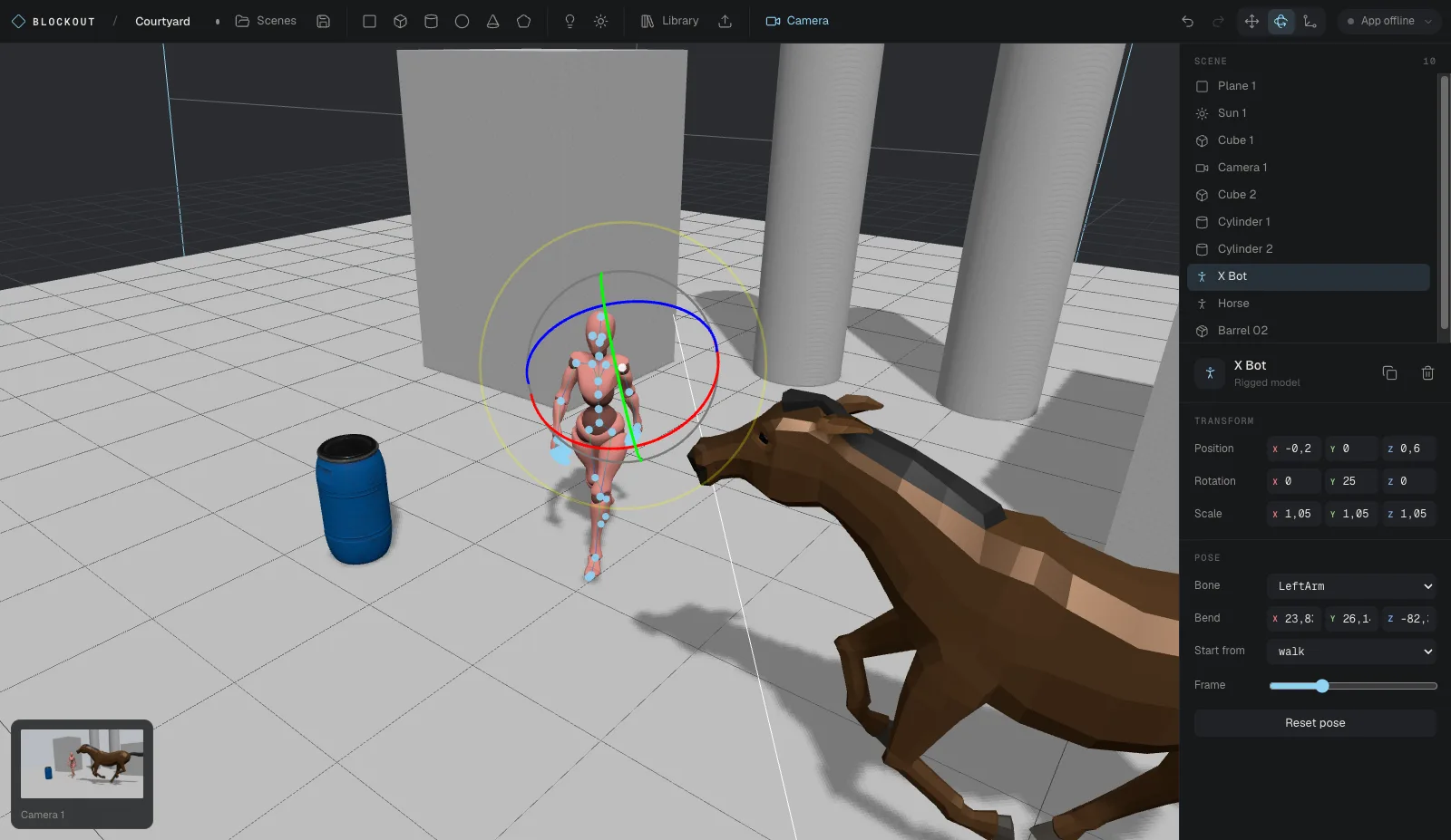 The Blockout editor: a ground plane with a posed human figure, a horse and props, a camera frustum, and the camera strip along the bottom.